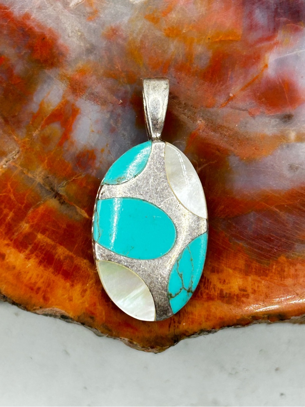 Sterling Silver Turquoise and Mother of Pearl Shell Pendant